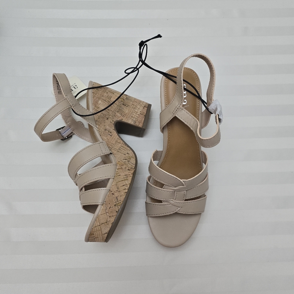 New Ana Cork Platform Block Heel Sandals Nude 9.5 Ankle Buckle Strap Boho Shoes - Picture 10 of 13